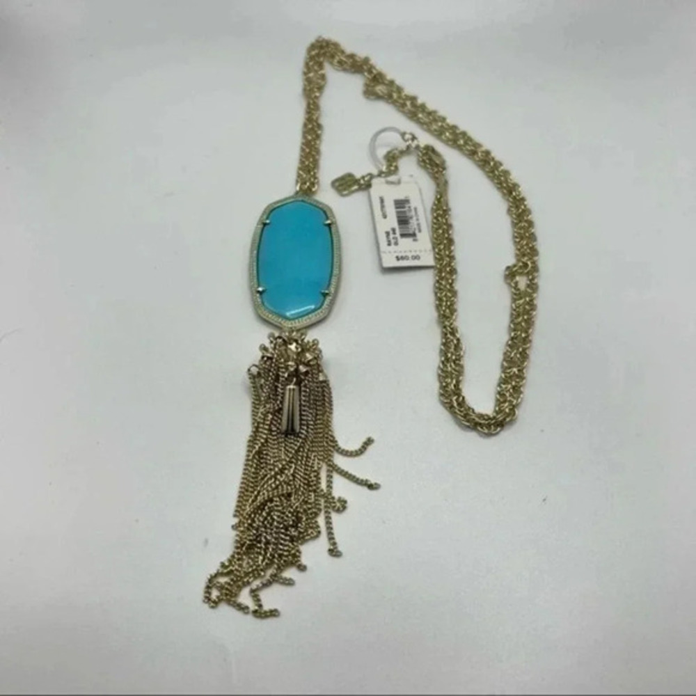 Kendra Scott Rayne Necklace Turquoise Blue Pendant Tassel Long Goldplate B522